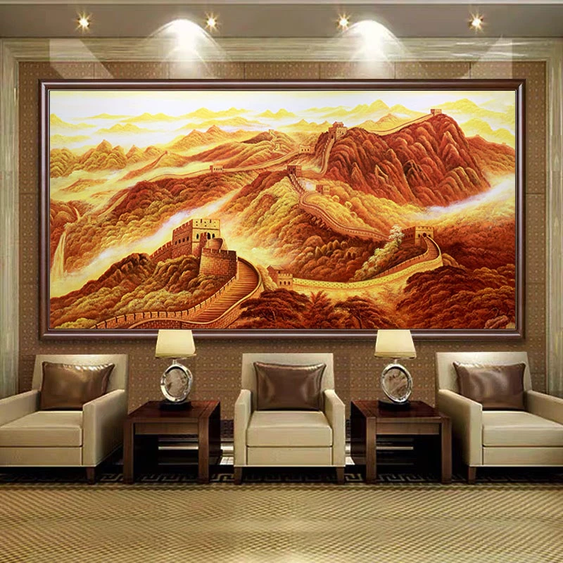 《金色万里长城》高端手工办公室挂画靠山图山水画客厅背景墙装饰画