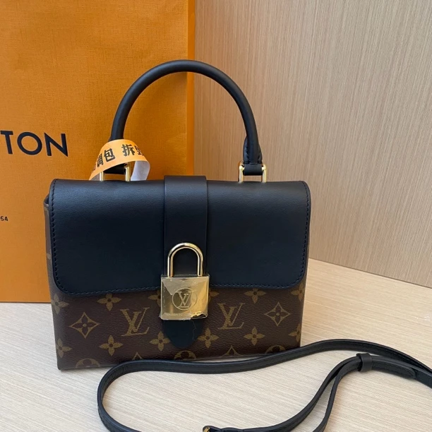95新 LouisVuitton/路易威登 锁头包 locky bb老花黑拼色手提包