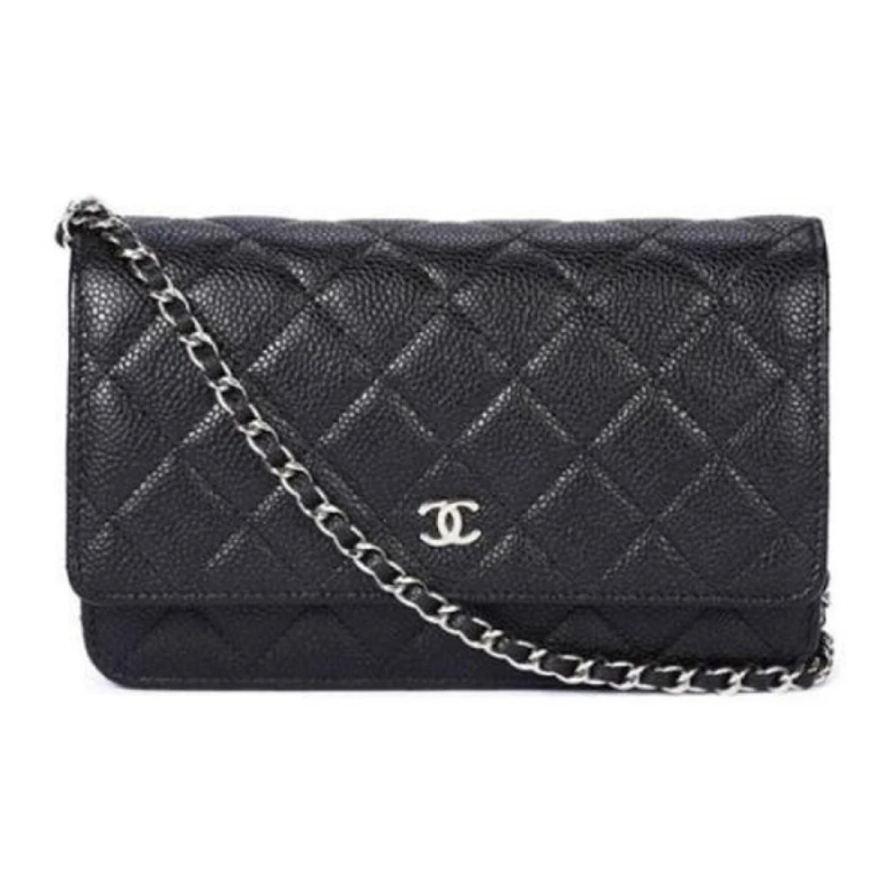 全新未使用 Chanel/香奈儿 黑银发财woc荔枝牛菱格纹配正品调节扣