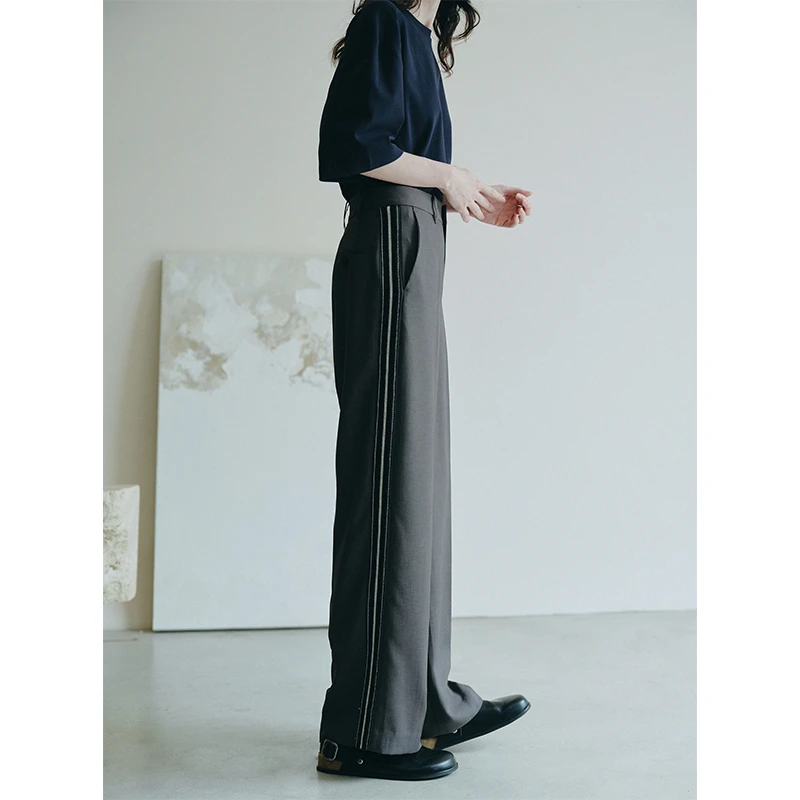 MeeLeeMeeLab原创绅士优雅免烫垂感高腰撞色织带拼条宽松直筒长裤