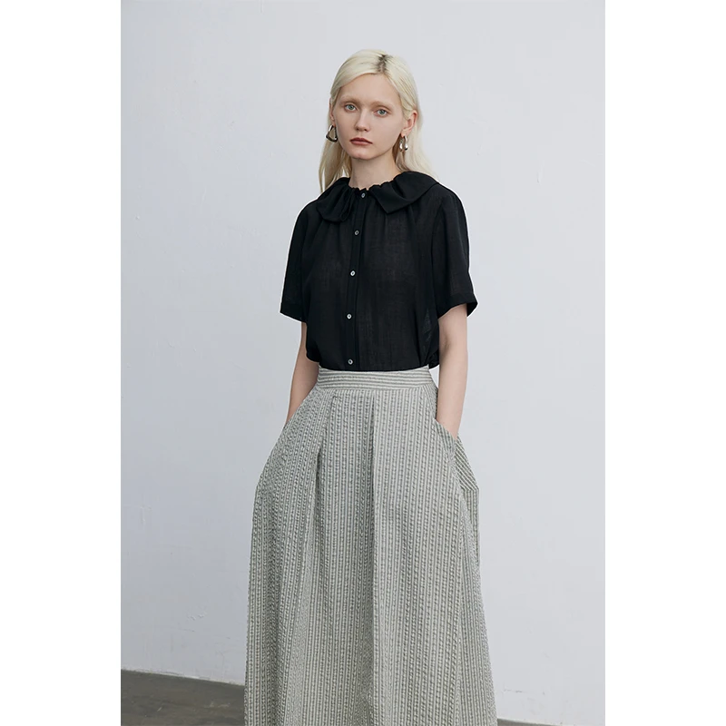 MeeLeeMeeLab 原创日本进口三醋酸荷叶领仿麻感半透宽松短袖衬衫