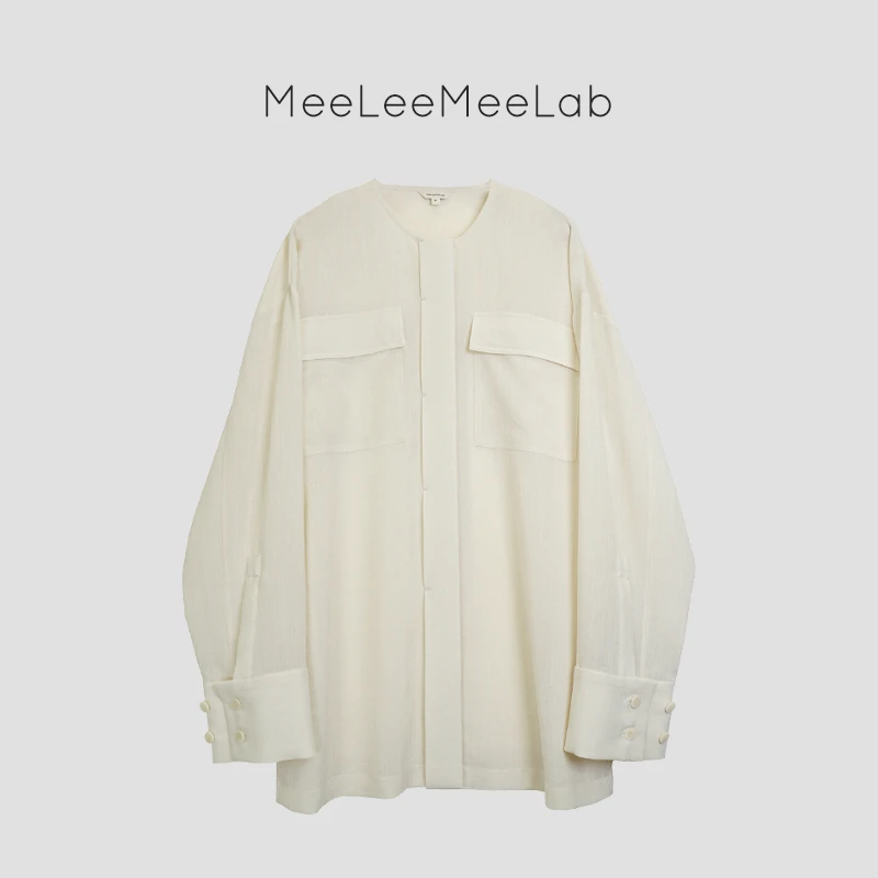 MeeLeeMeeLab浪漫绅士小圆领进口三醋酸仿麻感口袋宽松长袖衬衫