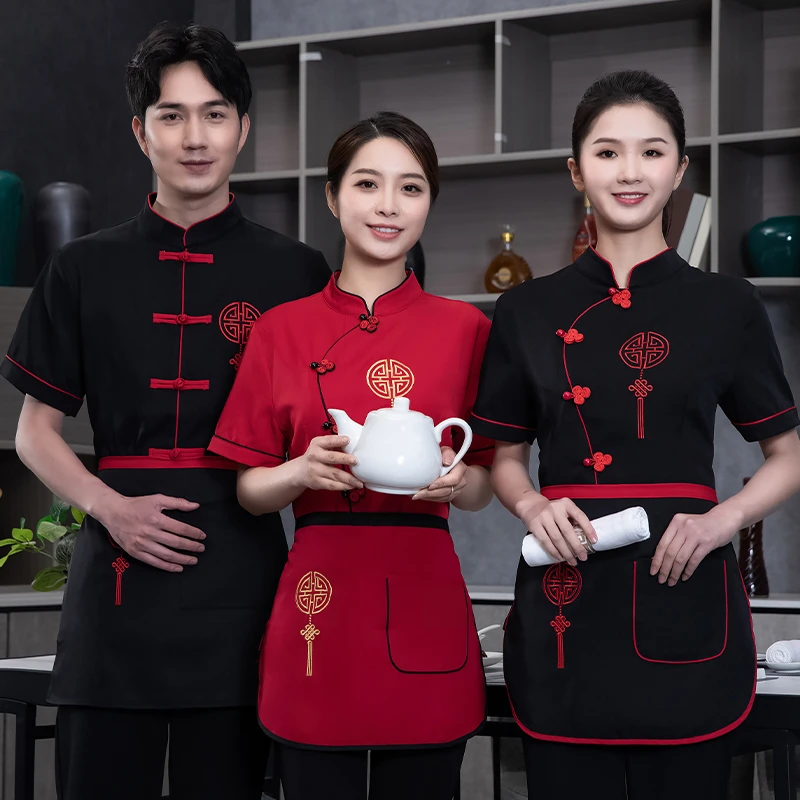 中式餐厅服务员工作服女农家乐火锅饭店餐饮茶楼前厅短袖夏季套装