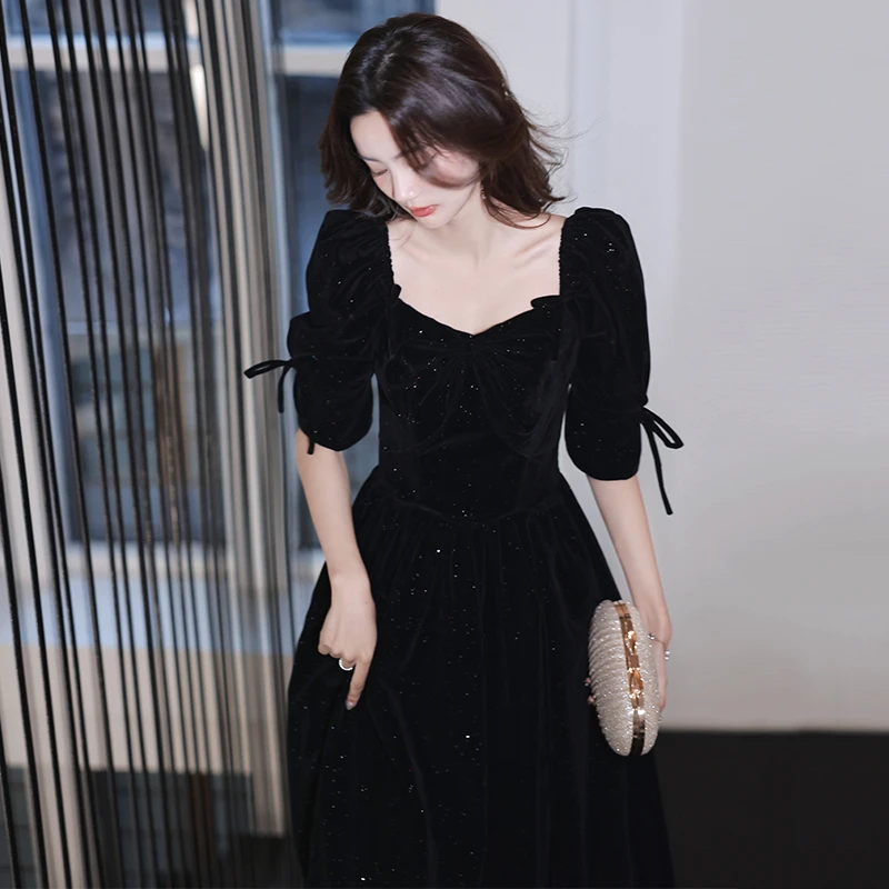 黑色晚礼服2022新款高端轻奢小众气质高级感丝绒主持人长裙女艺考