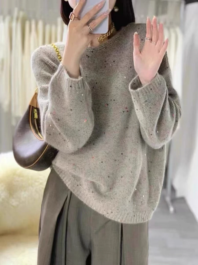 女秋冬宽松重工亮片软糯羊绒毛衣潮A102