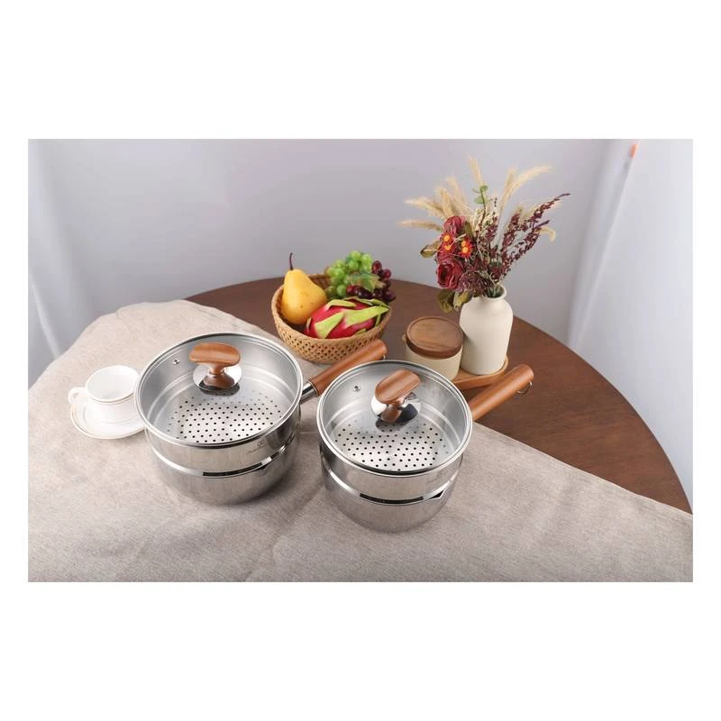 法国双耳福一体成型不锈钢日式雪平锅带原装蒸锅小奶锅