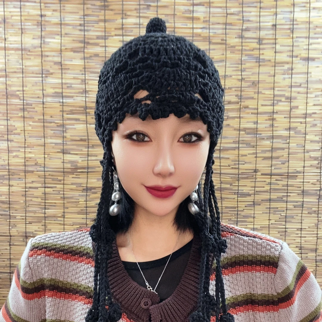娜娜推荐款时尚百搭网红女士冷帽韩版手工编织流苏辫子镂空帽子