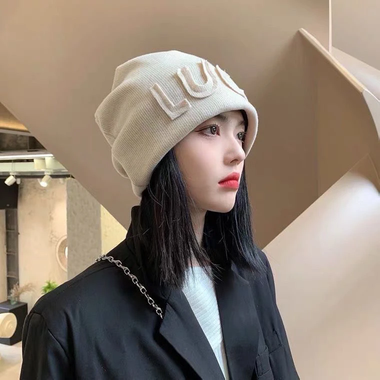 帽子假发一体女齐肩短发秋冬季新款时尚字母针织帽子堆堆帽假发套