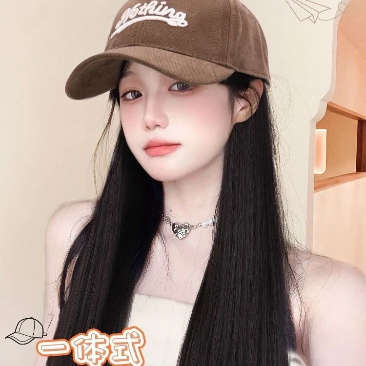 帽子长发女时尚2023新款鸭舌帽真发直发全头套式简约