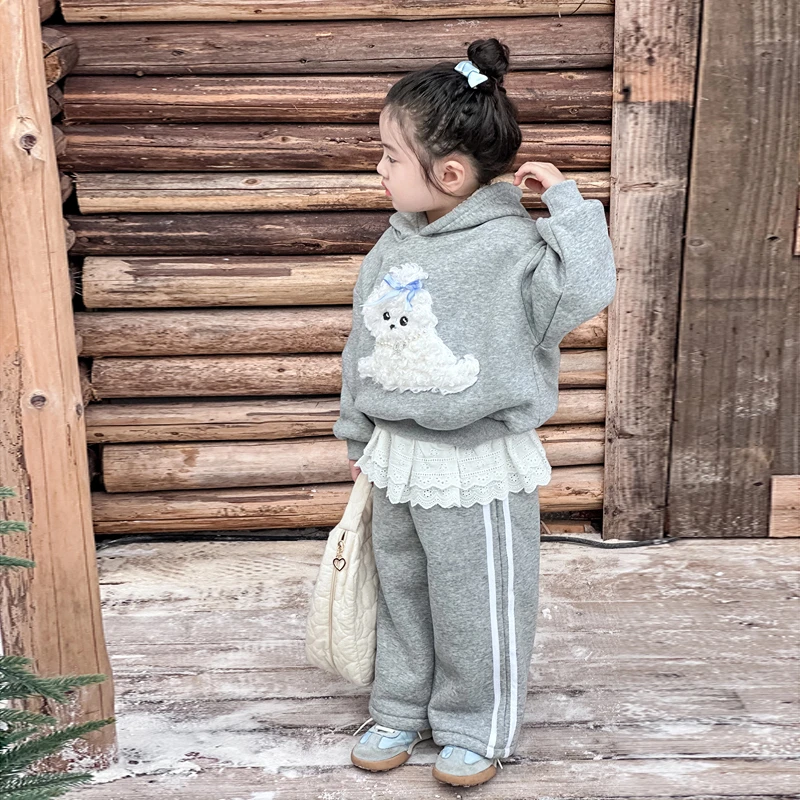 【现货】女童冬装卡通加绒套装儿童连帽卫衣蕾丝花边长裤两件套