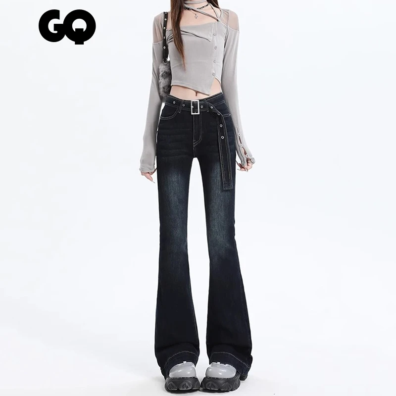 美式深蓝色微喇牛仔裤女秋冬2024年新款加绒高腰显瘦马蹄喇叭裤子