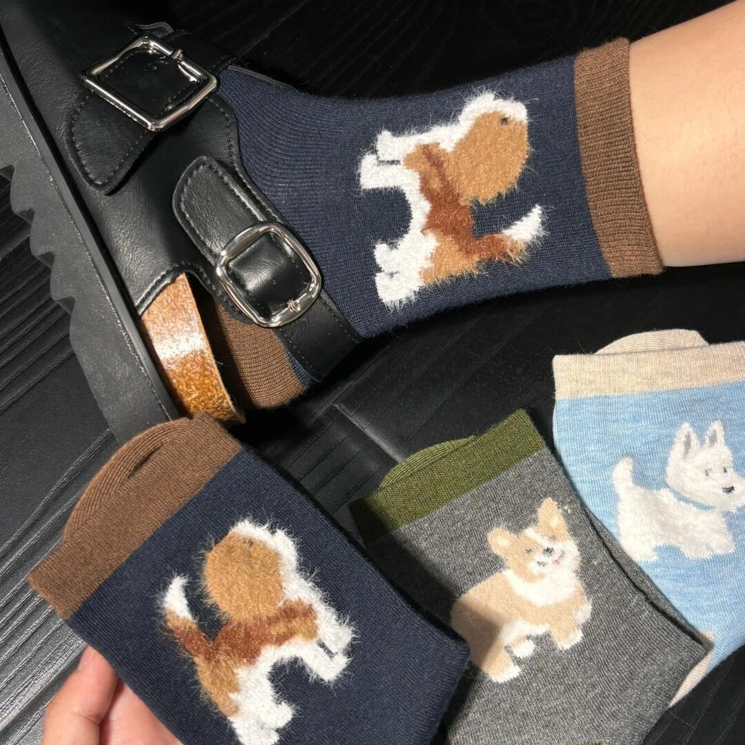 袜子女早秋加厚毛茸茸保暖可爱小狗韩版ins中筒学院风百搭月子袜