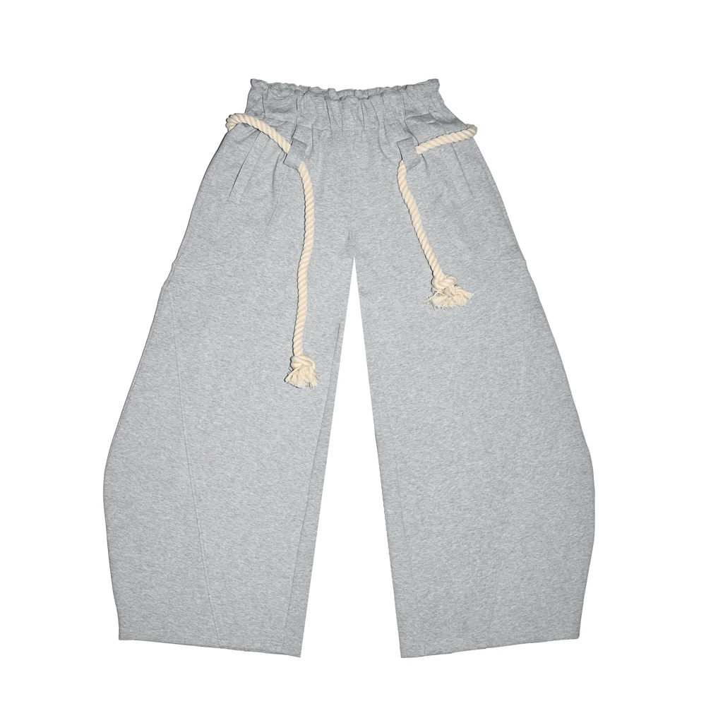 LUNAR NOSTALGIA麻绳腰带松紧腰灰色哈伦时尚阔腿弯刀休闲裤