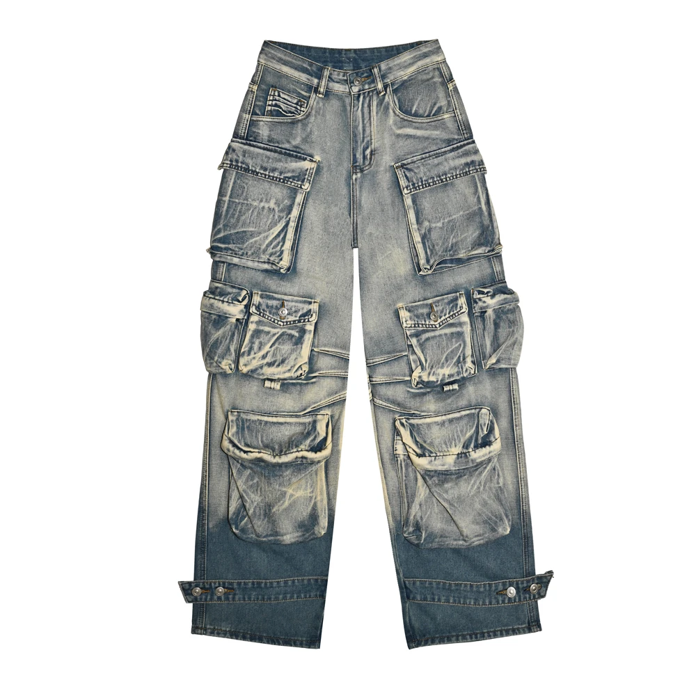LUNAR NOSTALGIA时尚复古潮流宽松水洗做旧工装口袋阔腿牛仔裤