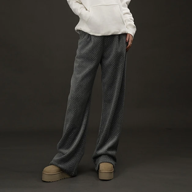 LUNAR NOSTALGIA烫钻加绒阔腿松紧腰运动休闲阔腿裤