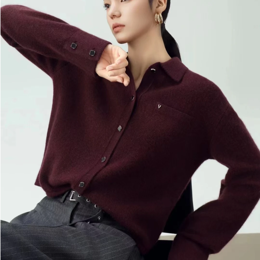 秋冬新款纯色翻领polo浣熊绒山羊绒针织开衫休闲时尚宽松版外套