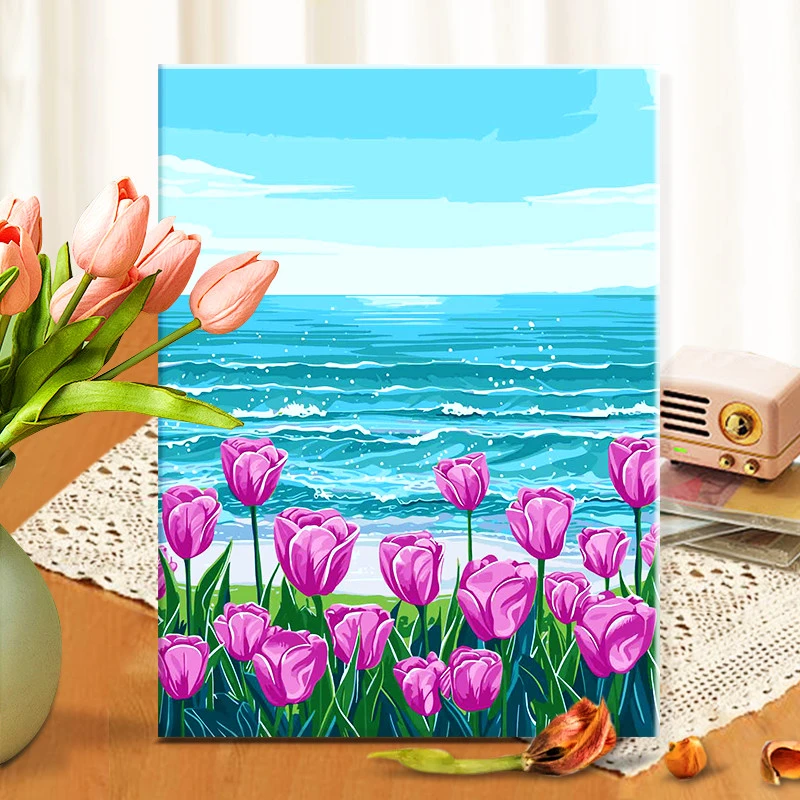 海边郁金香|diy数字油画花卉丙烯填充手绘插画治愈减压油彩涂色画