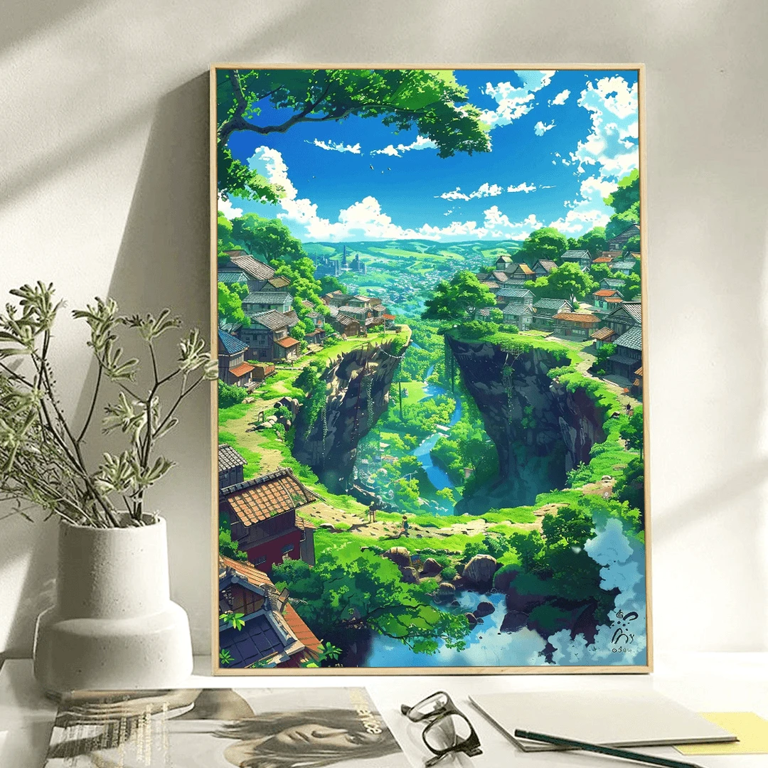 云端古村风景diy数字油画红线条手工填涂色解压治愈丙烯装饰画