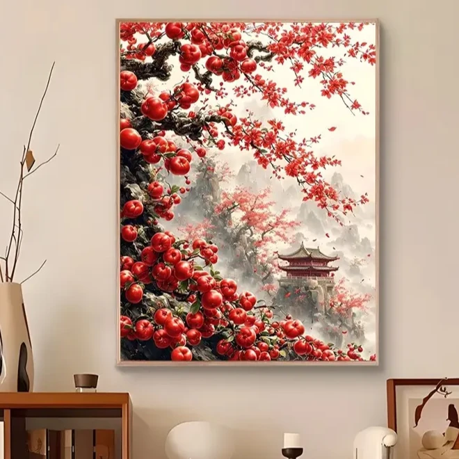 朱红枝茂 寓意diy数字油画高品质手工填涂色解压治愈丙烯装饰画