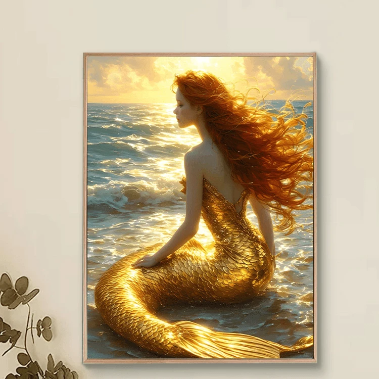 金色鲛人diy数字油画红线条手工填涂色解压治愈丙烯家居装饰画