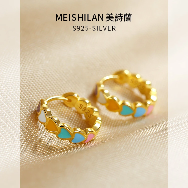 925银耳饰 纯银女七彩金色爱心耳扣甜美可爱耳圈心形耳环2025新款