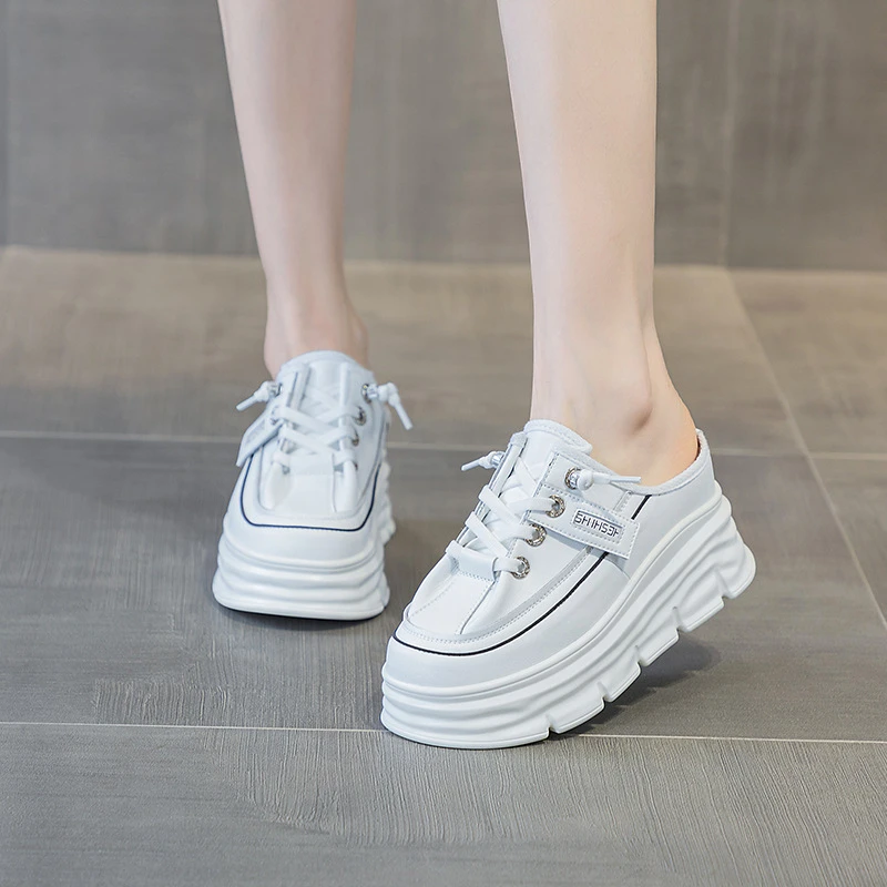 厚底内增高包头半拖鞋女2024夏季新款真皮休闲小白鞋百搭单鞋潮