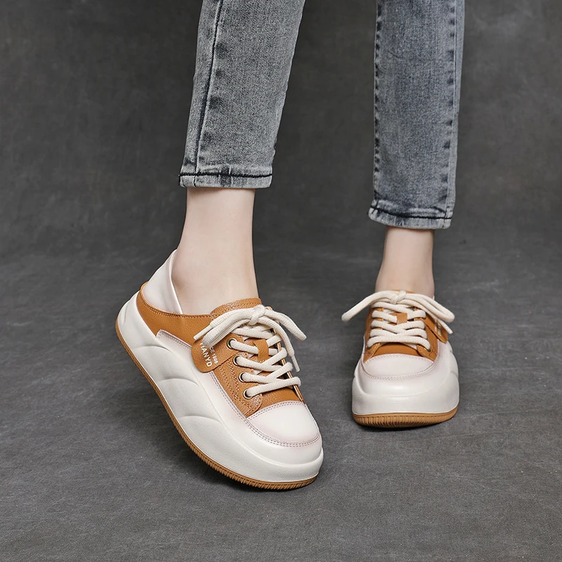 牛皮复古两穿小白鞋女真皮厚底单鞋2024春季新款软底运动休闲板鞋
