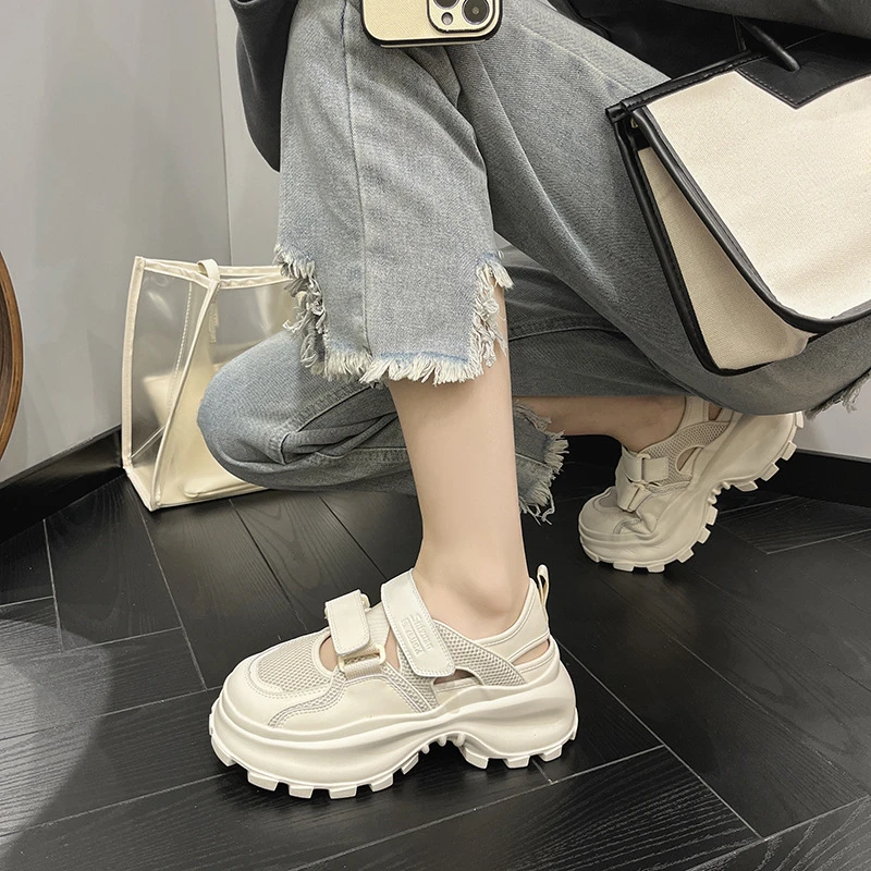 魔术贴真皮厚底老爹鞋女透气网面镂空网鞋凉鞋学生休闲运动小白鞋