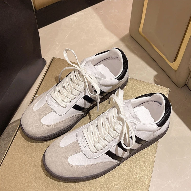 头层牛皮德训鞋女2024秋季新款复古圆头拼色学院风小众休闲板鞋子