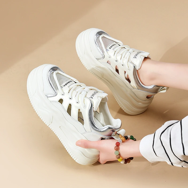 运动凉鞋女2024夏季新款镂空透气老爹鞋厚底松糕休闲内增高小白鞋