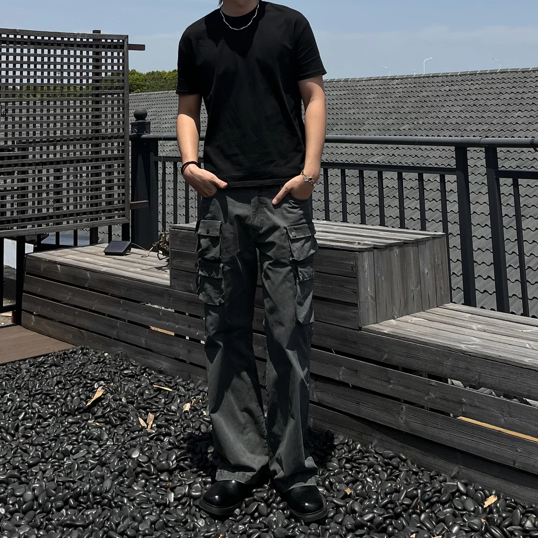 手工碳磨水洗立体多口袋做旧微喇叭工装裤cleanfit复古长裤