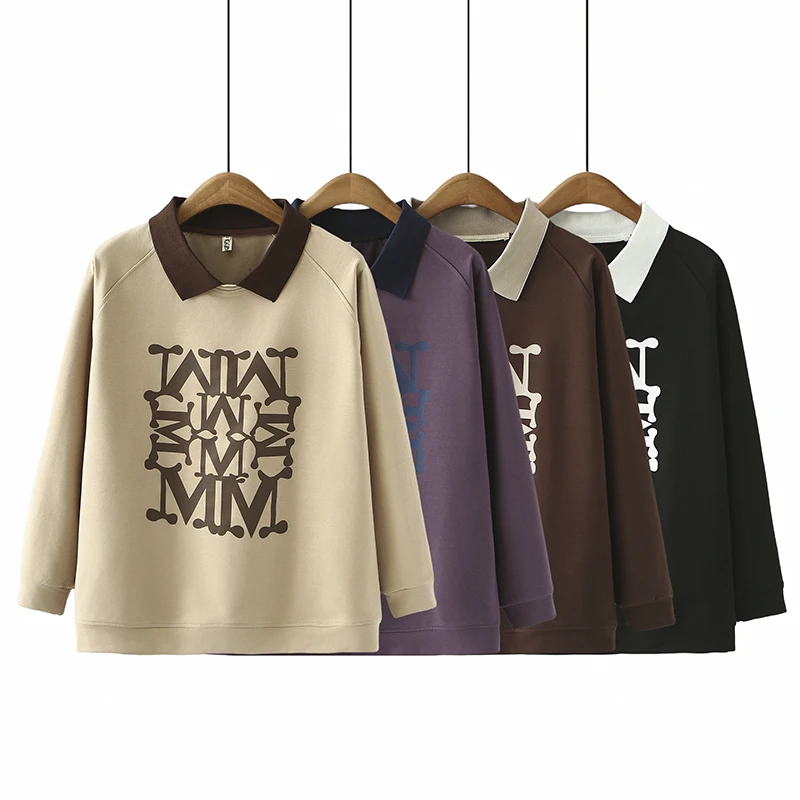 120-200斤大码女装春款撞色POLO领插肩长袖印花宽松显瘦卫衣