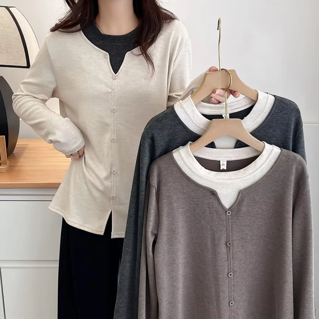 大码女装秋款正肩撞色圆领长袖打底衫时尚显瘦弹力T恤纯色打底衫