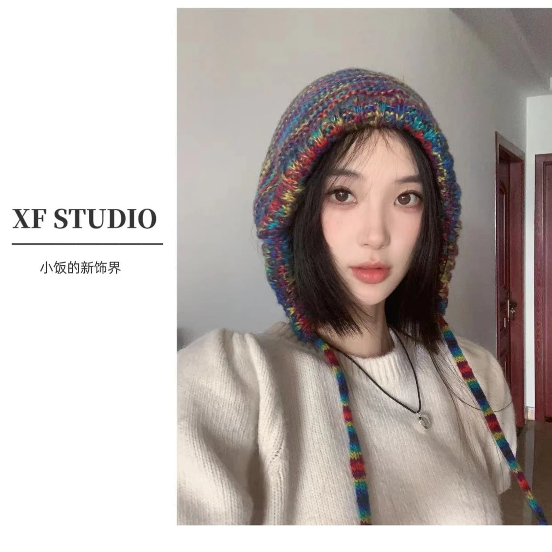 [XF STUDIO]手工编制可爱网红保暖套头百搭彩虹帽
