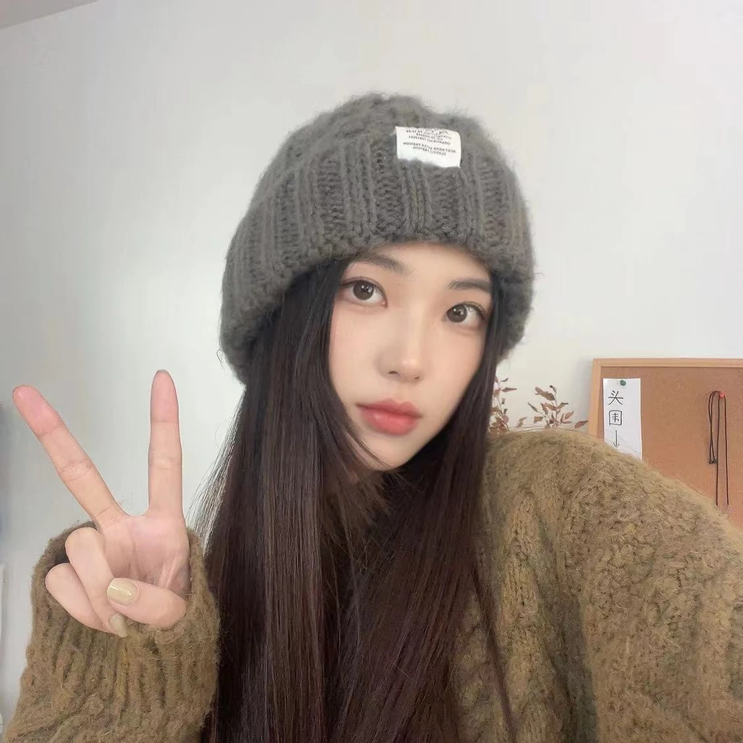 帽子女粗针织毛线帽秋冬季字母贴布绿色宽松ins潮显脸小套头帽潮