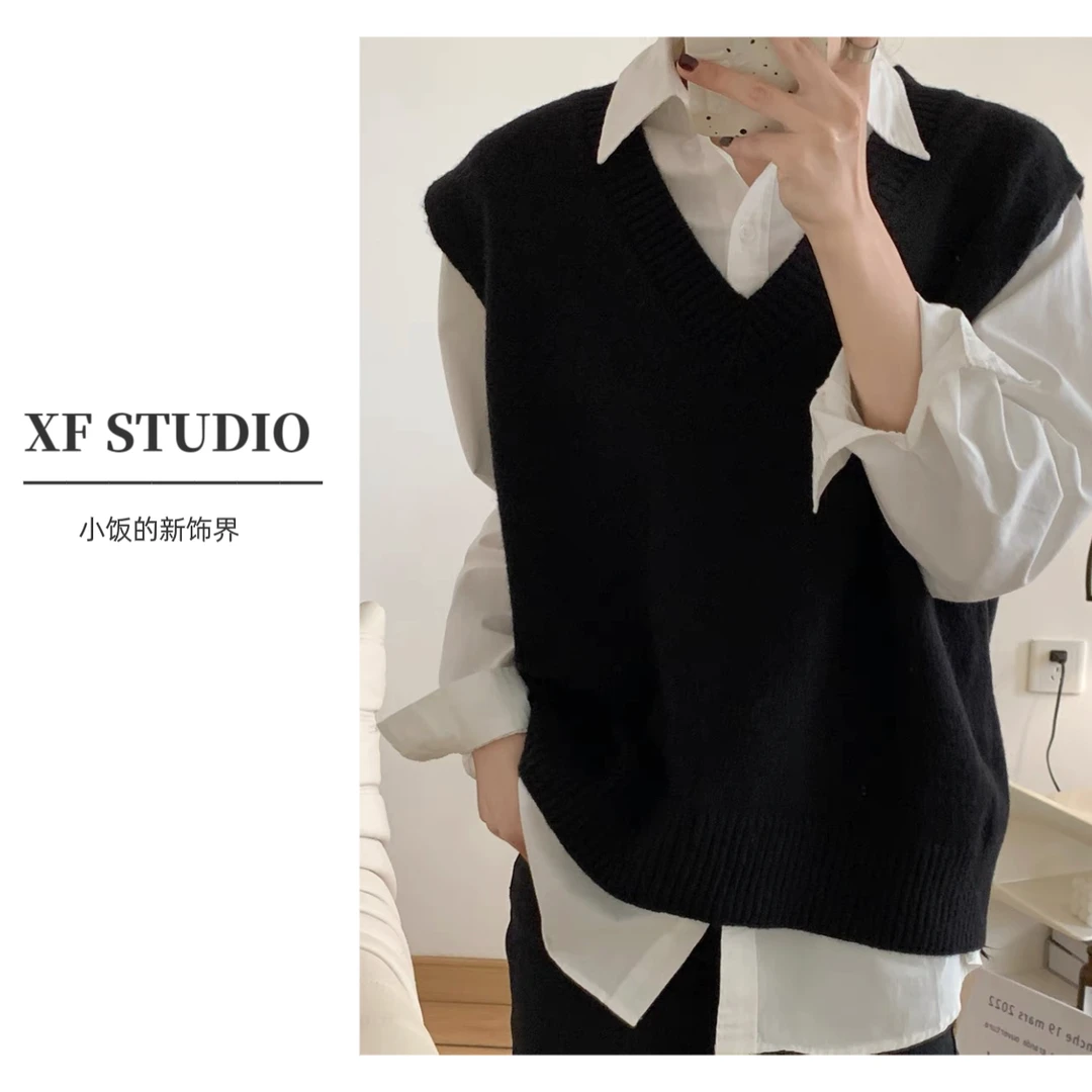 【XF studio】秋冬叠穿软糯针织马甲简约风百搭无袖V领背心