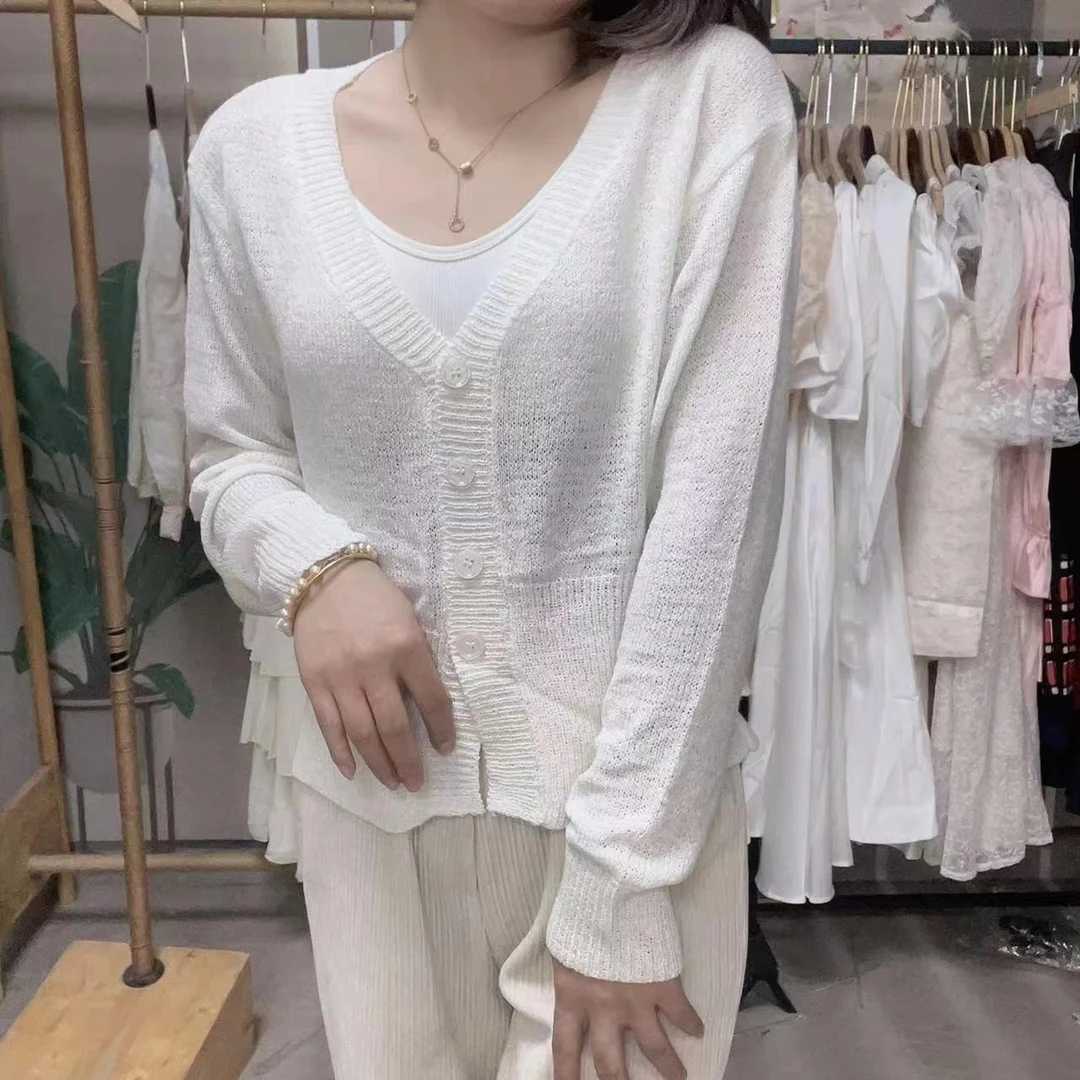 【1460】韩版V领纽扣针织衫女气质显瘦露腰长袖开衫上衣
