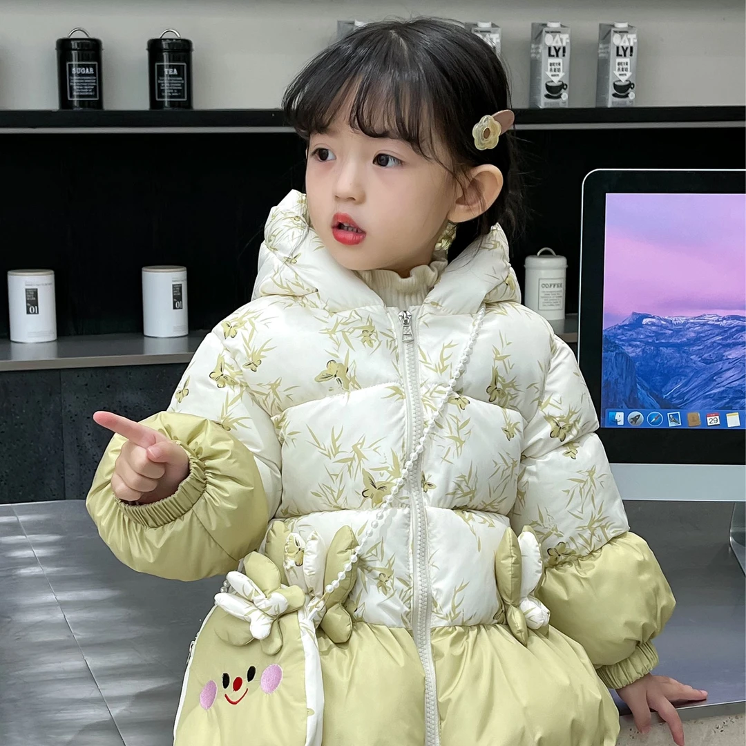 2024年新款冬季短款连帽女童加绒加厚蝴蝶包包棉服外套竹叶蝴蝶
