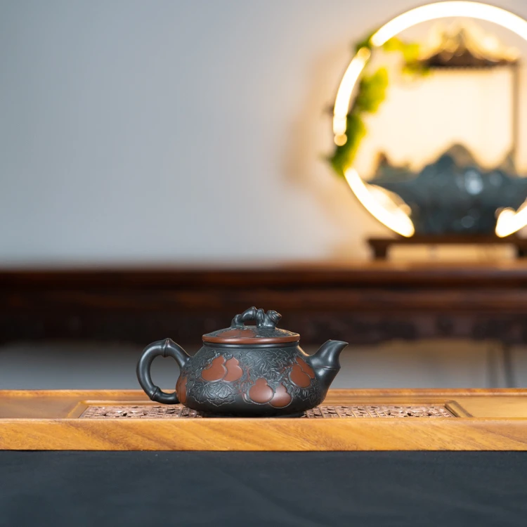 广西钦州坭兴陶茶壶 中式 竹韵壶 葫芦浮雕刻绘手工壶 不挑茶好养
