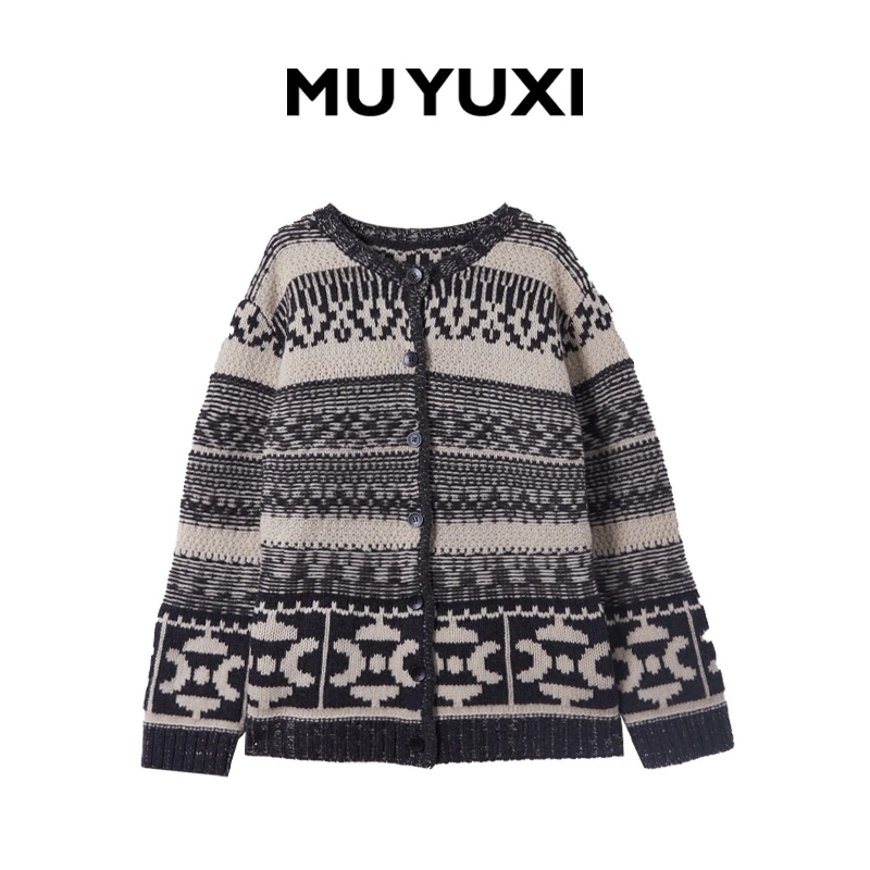 MU YUXI 2024冬季新款费尔岛长袖开衫女装上衣 HK100-1