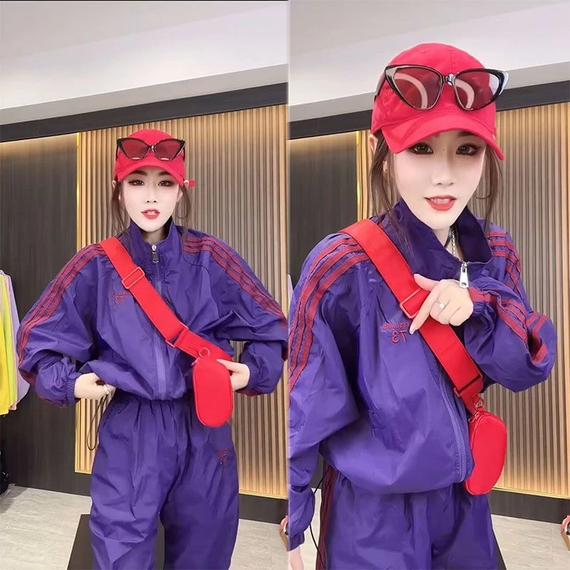 时尚运动套装女2023春夏速干时尚三条杠防晒套装韩版休闲轻薄百搭