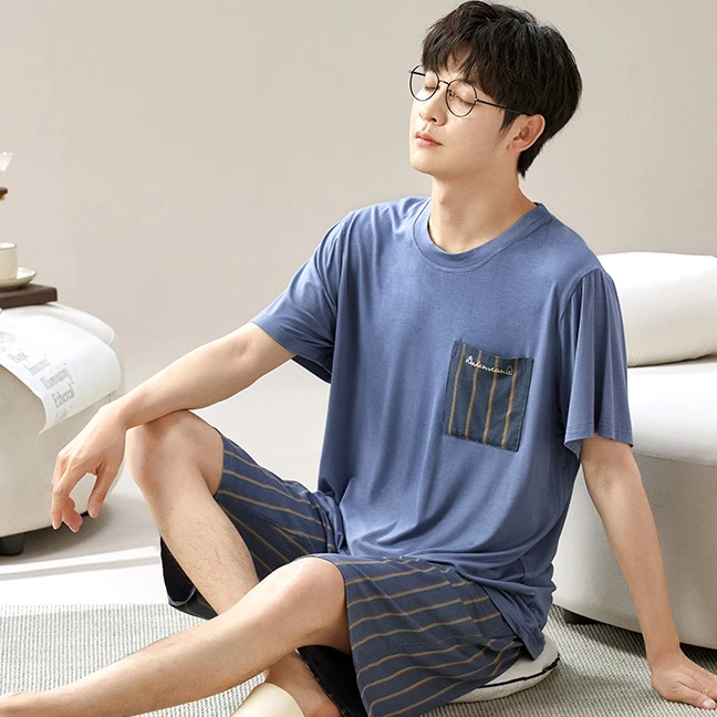男士睡衣夏季圆领短袖短裤休闲套装宽松加大码简约青年薄款家居服