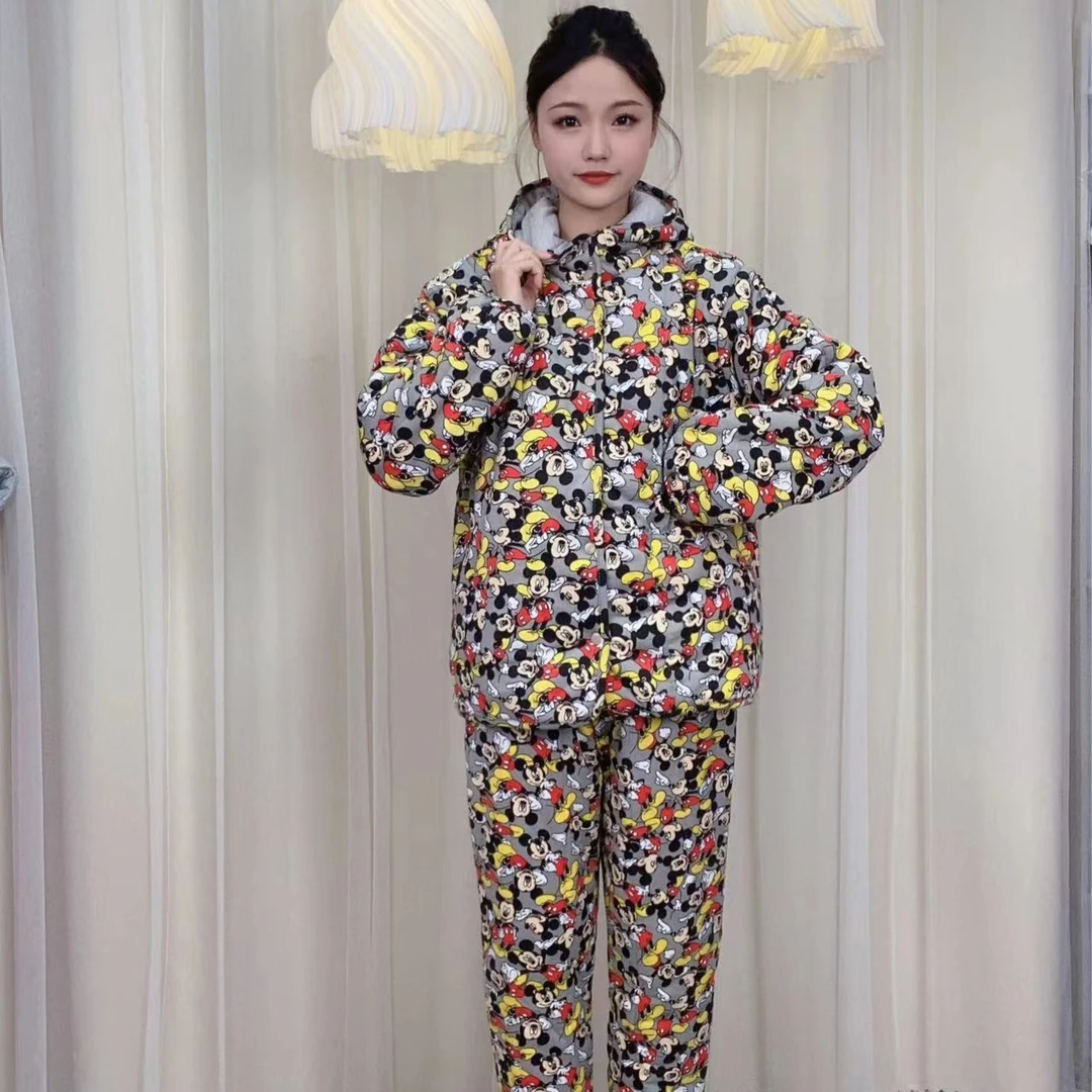 SANYUE新疆棉棉花【福利款灰底黄米奇连帽套装】宽松家居服保暖棉服
