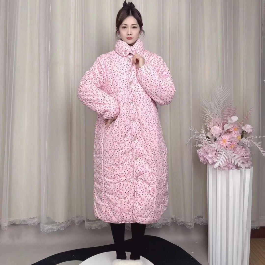 SANYUE新疆棉棉花【福利款粉底碎花立领长款】宽松家居服保暖棉服