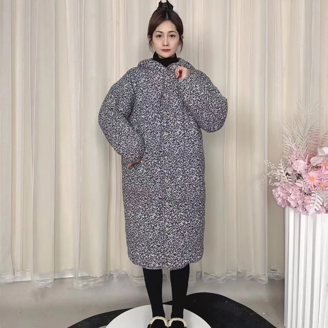 SANYUE新疆棉棉花【福利款黑白碎花连帽长款】宽松家居服保暖棉服