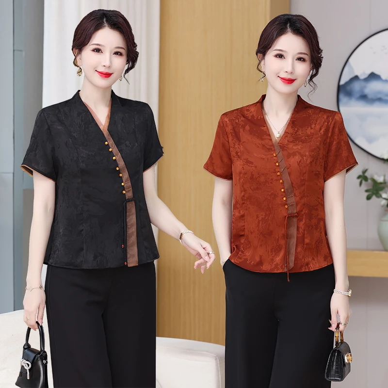 新中式夏季上衣女装时尚显瘦复古妈妈装衬衫休闲遮肚气质洋气减龄
