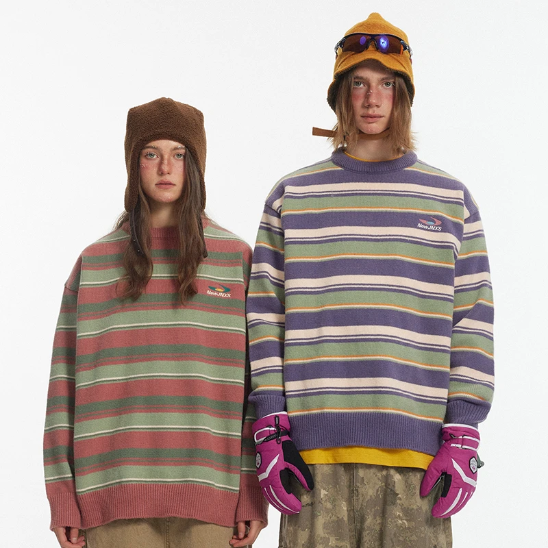 江南先生logo刺绣条纹圆领毛衣男女秋季百搭休闲情侣外套JN44B56