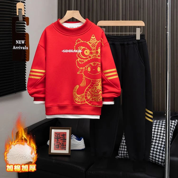 男童保暖冬装加绒蛇年年服套装2024新款中大童冬季儿童喜庆红卫衣