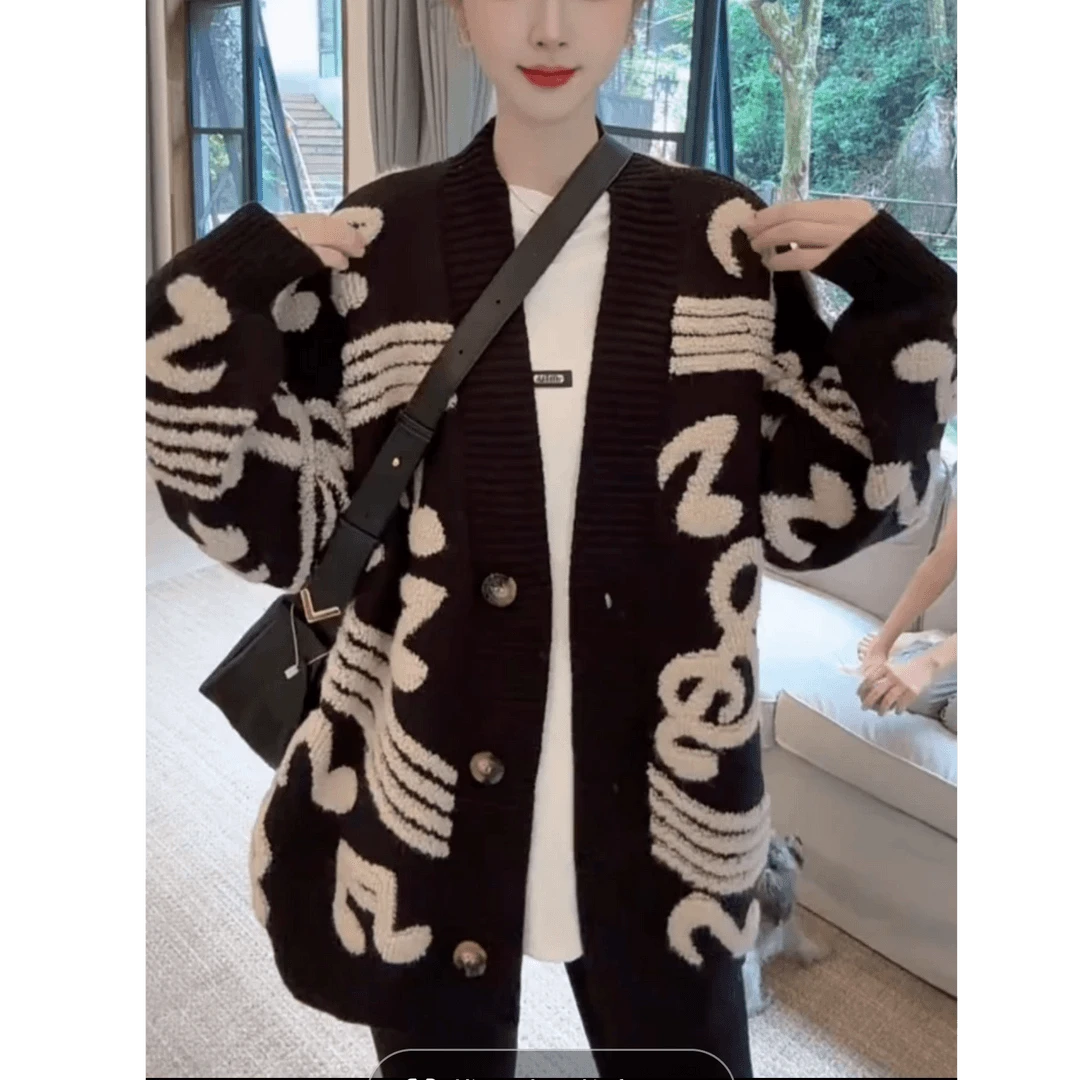 2024秋冬新款慵懒风软糯音符撞色图案女春秋宽松长袖针织开衫外套