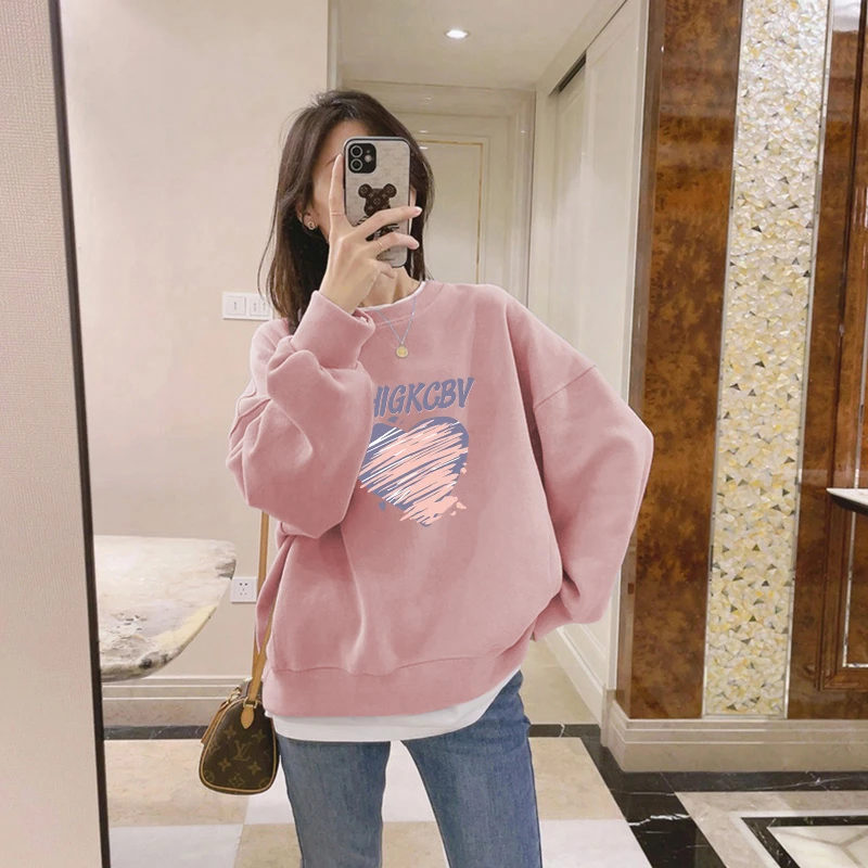 粉色爱心印花微胖女生正肩卫衣女2023新款爆款秋冬宽松加厚绒外套